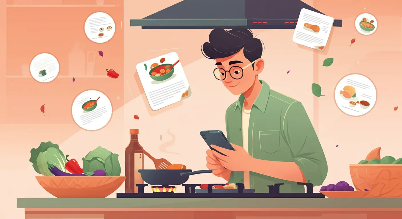 food-and-recipe-blogs-illustration-easy-learning-pakistan Young person following a recipe while cooking in a modern kitchen with vegetables, utensils, and a smartphone showing step-by-step cooking instructions