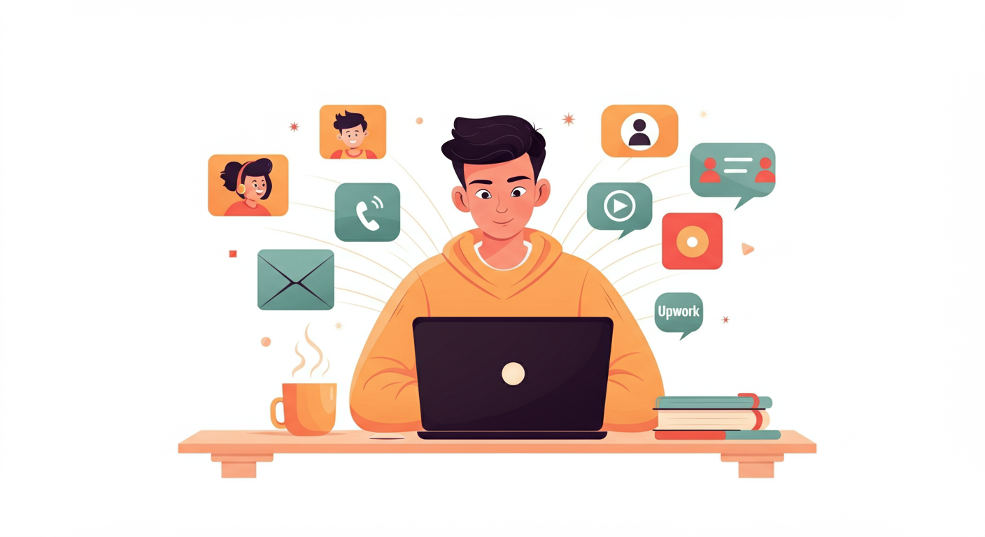 freelancing-and-remote-work-illustration-easy-learning-pakistan Young freelancer working remotely on a laptop at home, with icons of Fiverr, Upwork, video calls, and digital tasks in the background