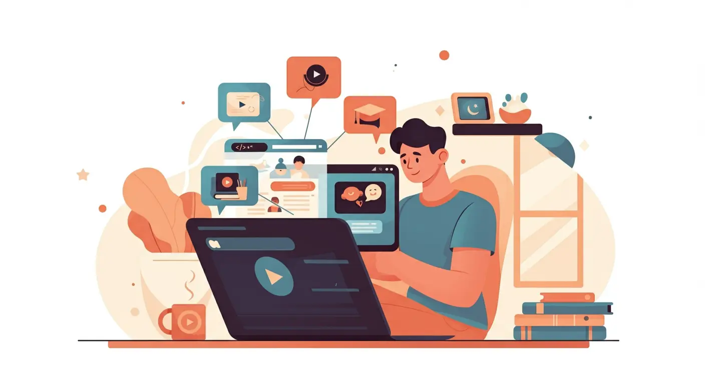 online-education-and-skill-development-illustration-easy-learning-pakistan Young learner studying online at home using a laptop, surrounded by virtual course icons and skill symbols like coding, design, and typing