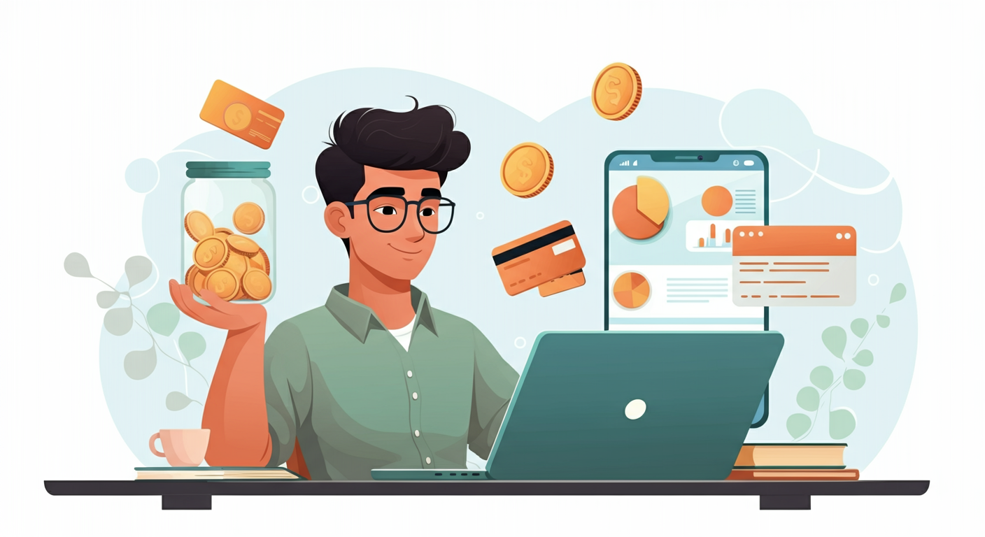 personal-finance-for-young-adults-illustration-easy-learning-pakistan Young adult managing personal finances with a laptop and smartphone, holding a savings jar, surrounded by coins, credit cards, and budgeting charts