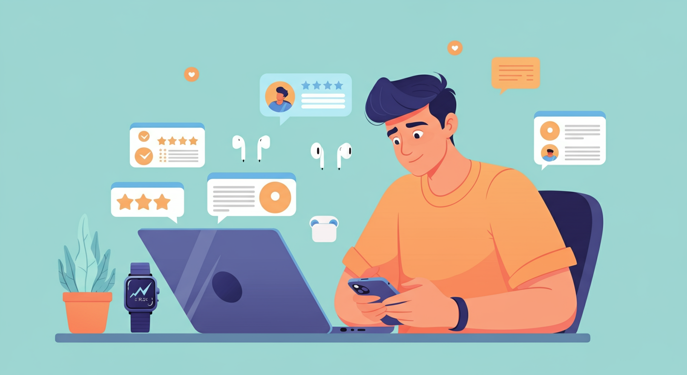 tech-reviews-and-gadget-guides-illustration-easy-learning-pakistan Young person reviewing tech gadgets like a smartphone, smartwatch, and earbuds at a desk, with icons for reviews, ratings, and comparison charts
