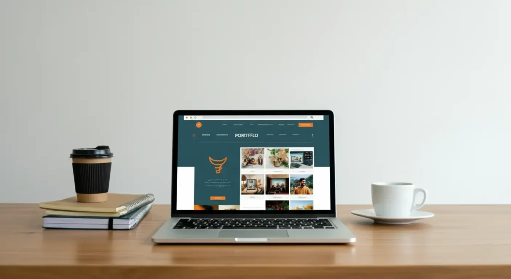 A modern desk setup with a laptop displaying a freelancer’s portfolio website featuring writing, design, and coding samples, representing how beginners in Pakistan can build a simple portfolio in 2025.