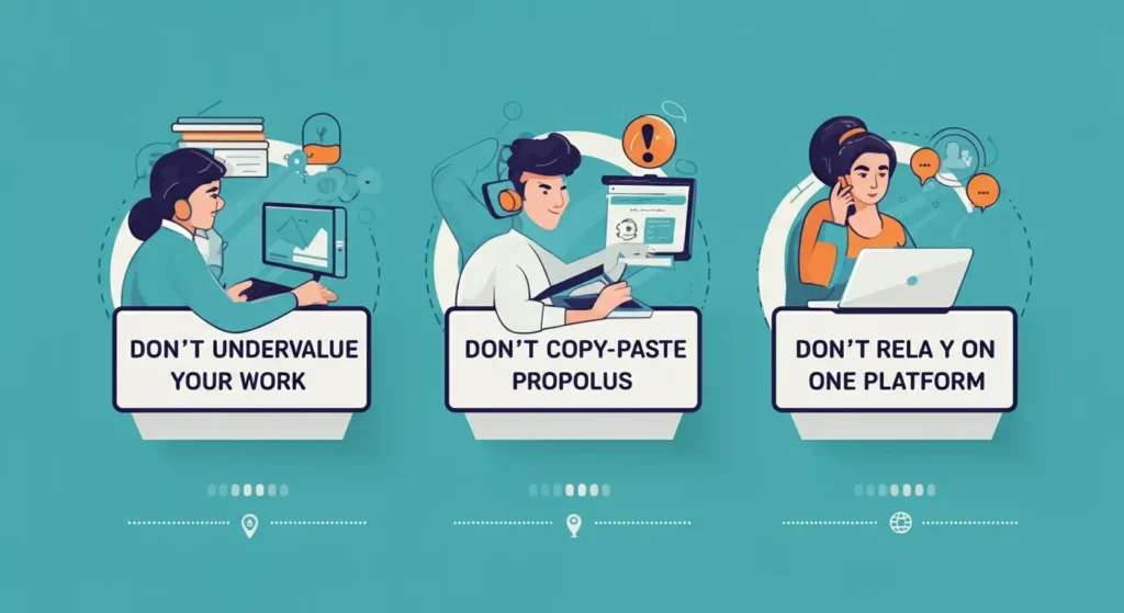Infographic showing caution signs with text: Don’t Undervalue Your Work, Don’t Copy-Paste Proposals, Don’t Rely on One Platform, highlighting common mistakes Pakistani freelancers should avoid in 2025.