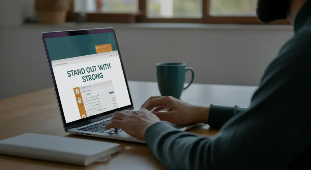 A freelancer writing a personalized proposal on a laptop with text overlay “Stand Out With Strong Proposals,” representing how beginners in Pakistan can craft winning proposals in 2025.