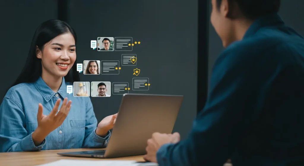 A freelancer on a video call with a satisfied client, with 5-star reviews and testimonial icons floating around, symbolizing how Pakistani freelancers can deliver quality work and build long-term client relationships in 2025.