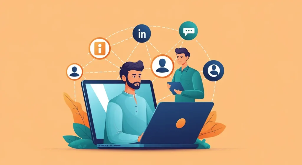 Illustration of a freelancer networking through LinkedIn, Facebook groups, email, and WhatsApp, representing multiple ways Pakistani freelancers can find clients in 2025.