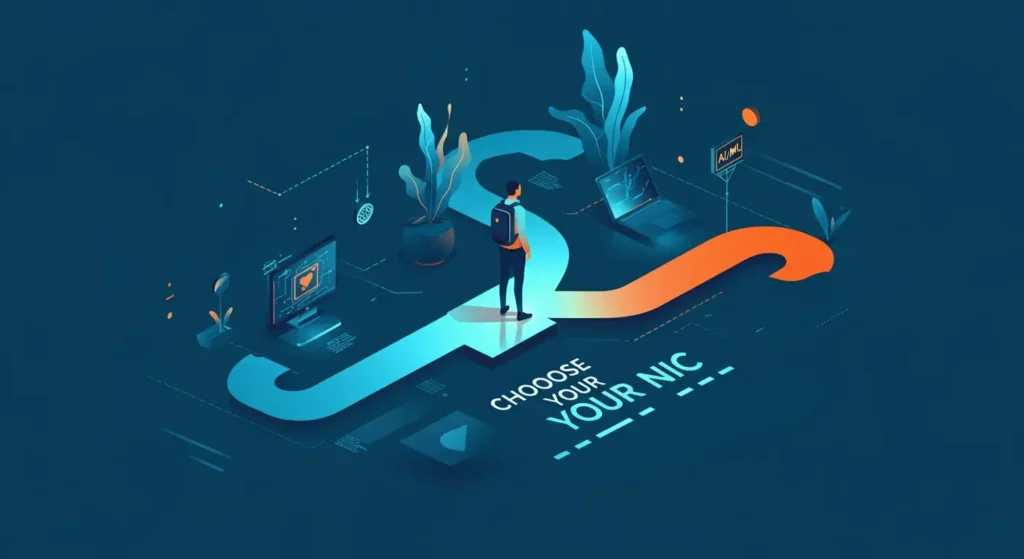 Modern illustration showing freelance skills like web development, graphic design, content writing, digital marketing, and AI/ML, with a freelancer choosing a niche in Pakistan 2025.