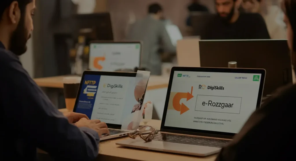 Pakistani professionals learning freelancing skills online with DigiSkills, e-Rozgaar, and NFTP training programs, highlighting the importance of local training in 2025.