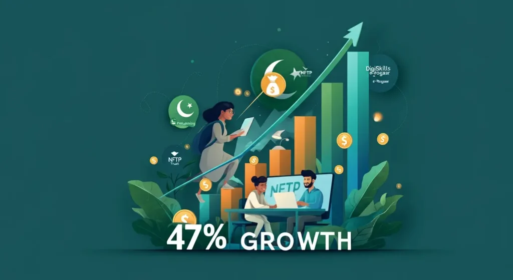 Infographic showing why freelancing is booming in Pakistan in 2025, with rising growth charts, young Pakistani freelancers, and icons of DigiSkills, e-Rozgaar, and NFTP training programs.