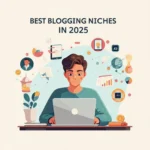 Young blogger exploring the best blogging niches in 2025 on a laptop, surrounded by icons for tech, finance, AI, education, and content creation