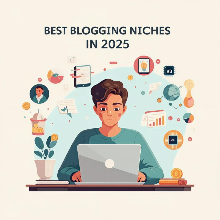 Young blogger exploring the best blogging niches in 2025 on a laptop, surrounded by icons for tech, finance, AI, education, and content creation