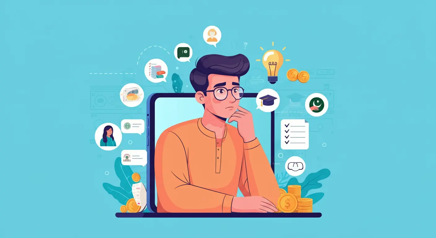 how-to-choose-the-right-niche-illustration-easy-learning-pakistan A person deciding on the right blogging niche, surrounded by icons representing food, tech, finance, AI, and education, with checklists and question marks indicating thoughtful selection