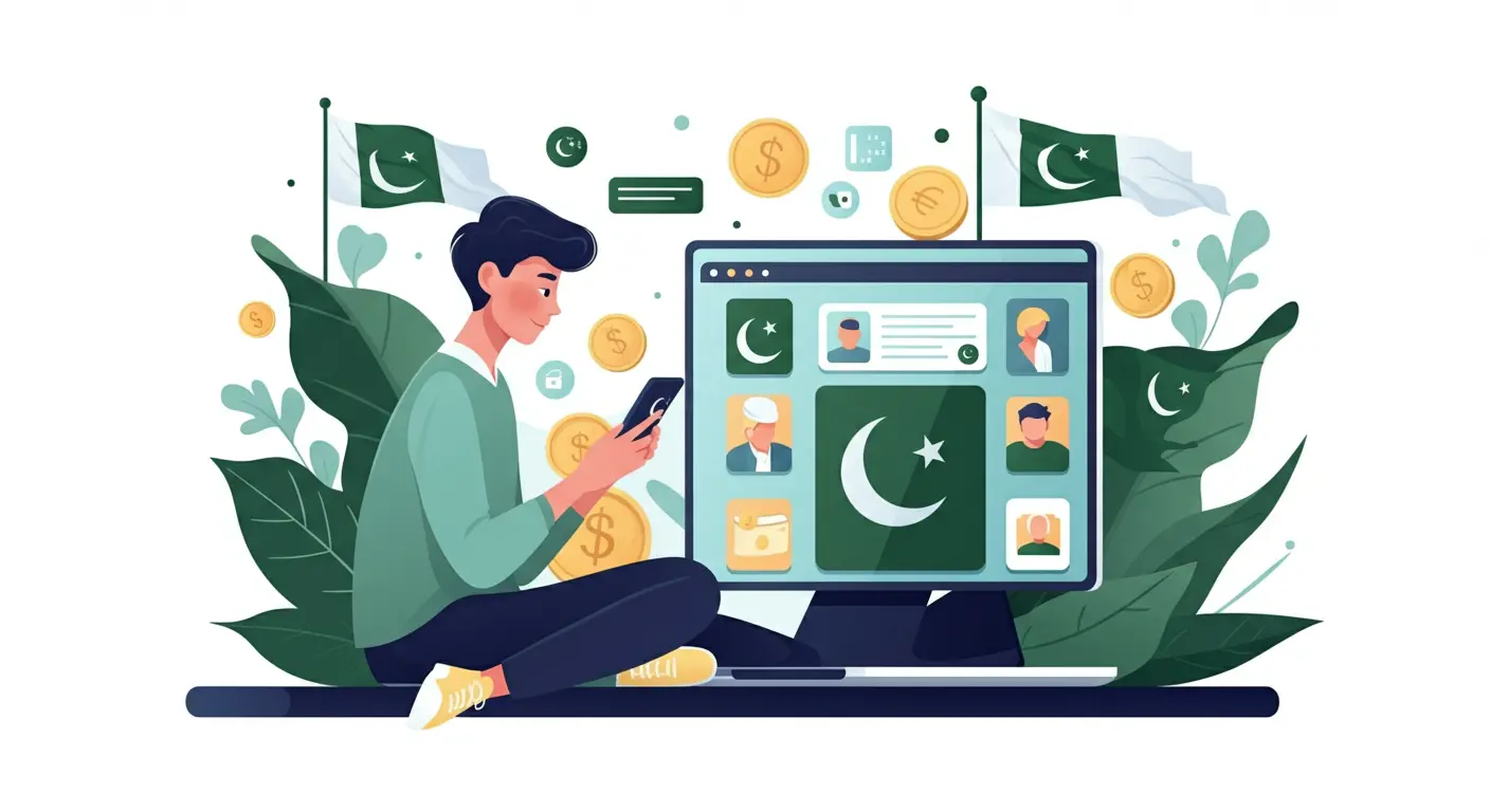 local-pakistani-content-and-services-illustration-easy-learning-pakistan Young Pakistani using a smartphone or laptop to access local digital services like government portals, job apps, and online education platforms, with regional symbols and Urdu interface elements