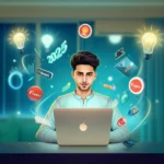 Young Pakistani freelancer working on a laptop at home, learning step-by-step how to get the first freelance client in 2025 through platforms like Fiverr and Upwork.