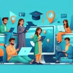 Pakistani students using online learning platforms in 2025 with laptops, tablets, and smartphones
