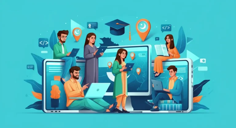 Pakistani students using online learning platforms in 2025 with laptops, tablets, and smartphones