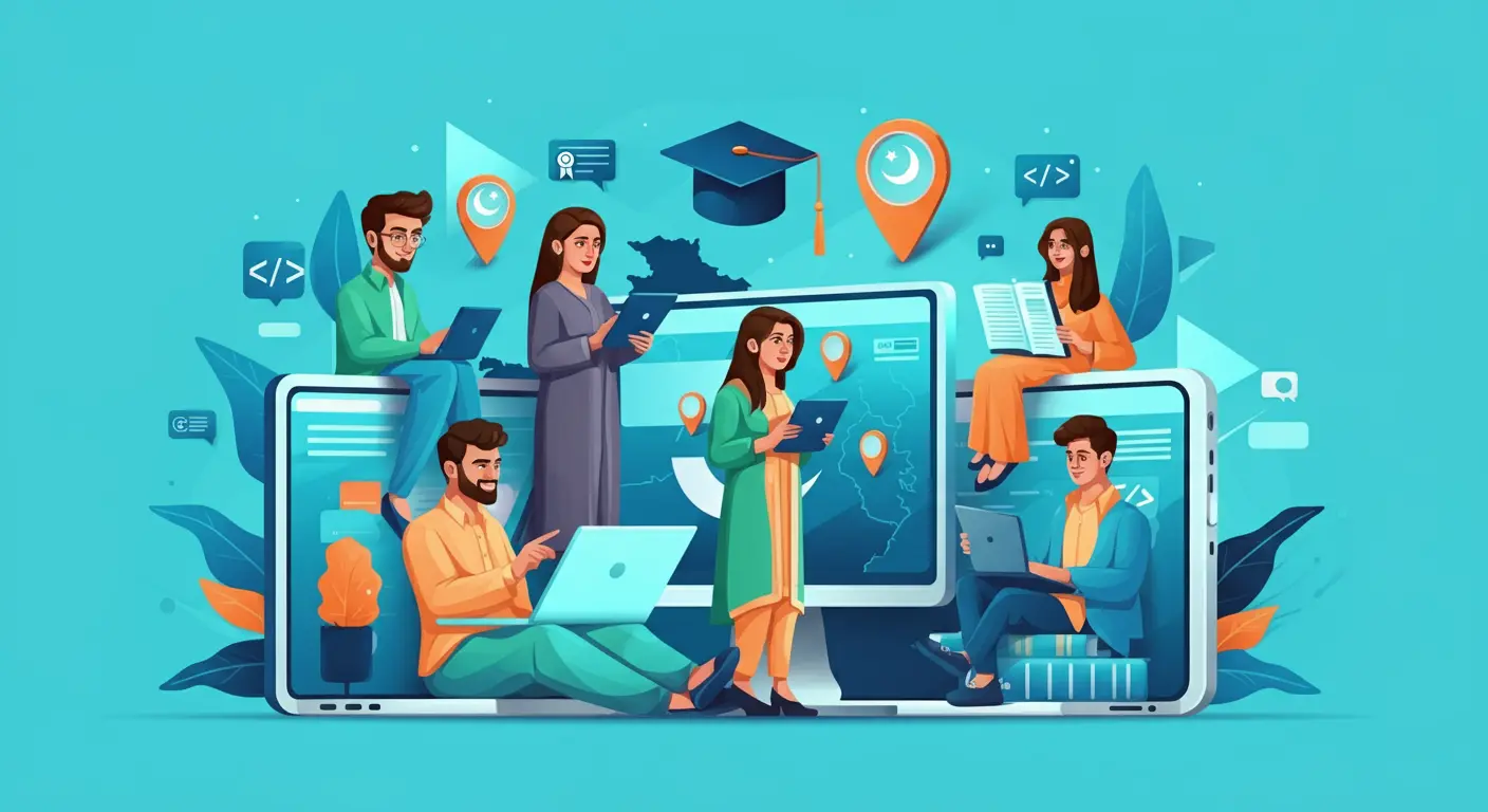 Pakistani students using online learning platforms in 2025 with laptops, tablets, and smartphones